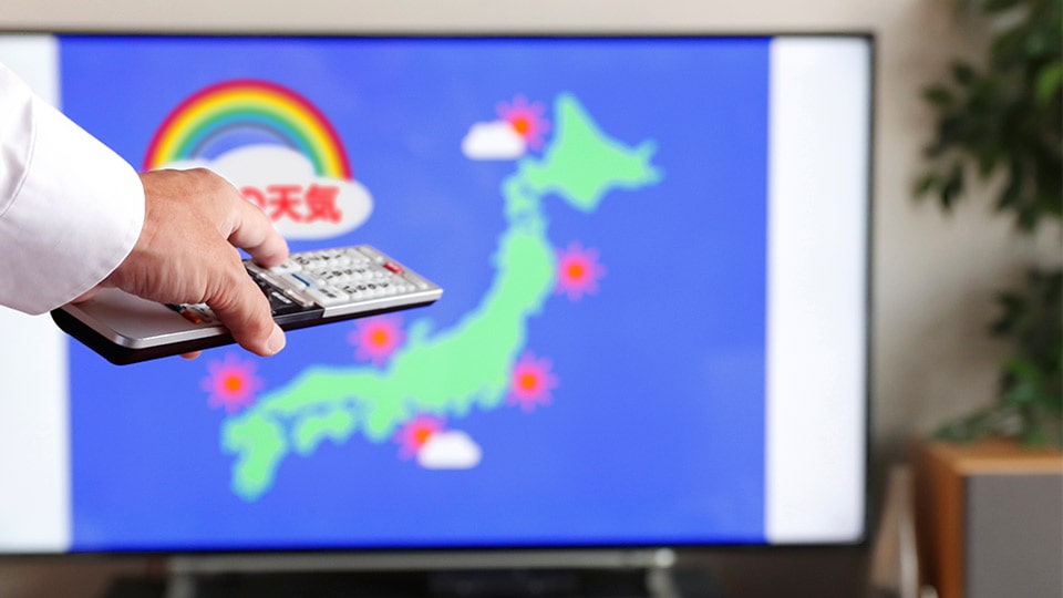 テレビで天気予報をチェックする様子