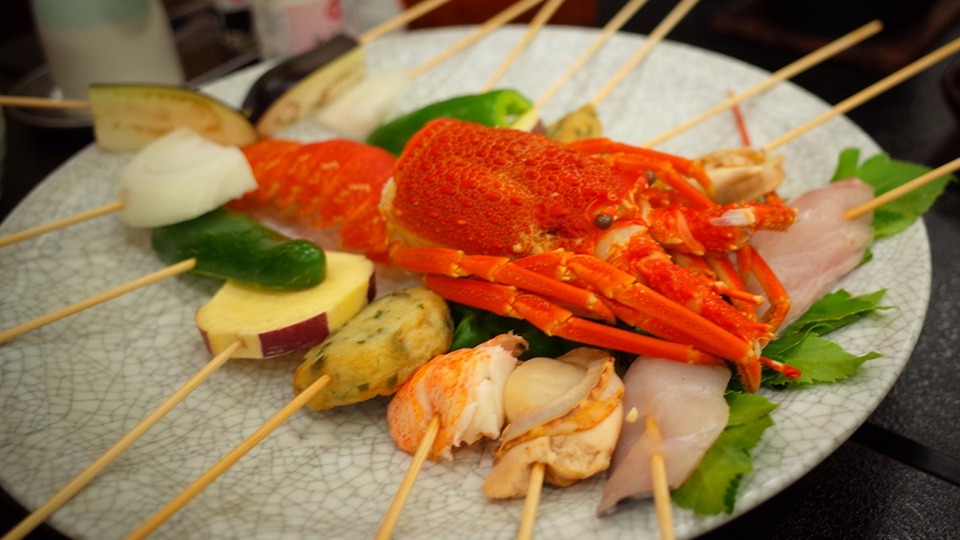 伊豆大島グルメ串焼きと伊勢海老